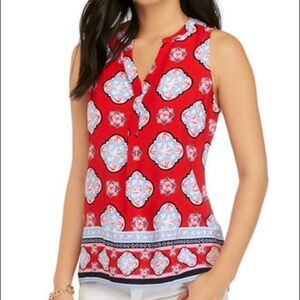 Crown & Ivy medium womens split vneck printed sleeveless button front hi low top